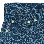 Dark Blue Takashi Murakami Flowers and Skulls Jacquard Denim Pants Close-Up View