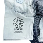 Dark Blue Takashi Murakami Flowers and Skulls Jacquard Denim Pants Inside View